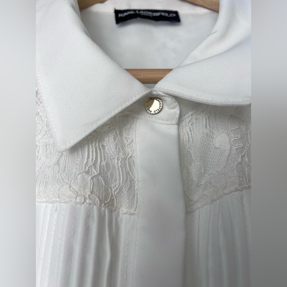 Karl Lagerfeld White Button Up Lace Detail Ruffle Blouse Top - Picture 6 of 15